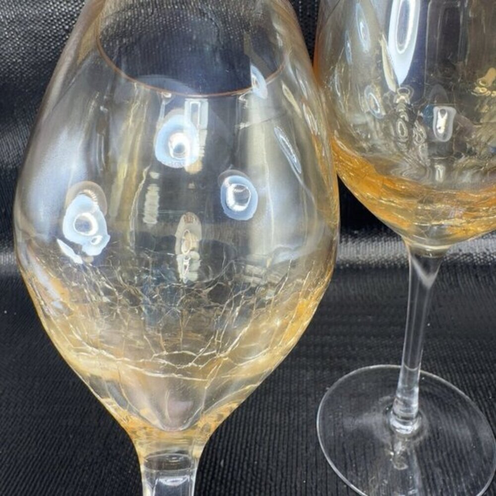 Pier 1 Crackle Glass Goblet Glasses Cups Stemware Gold Yellows Luster Finish VTG - Picture 10 of 13